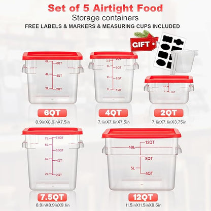 4QT NSF Food Storage Containers with Lids: 4 PCS [Total Food Grade][Hot&Cold Resistant] Commercial Clear Food Storage Containers for Restaurant Kitchen Proof Dough, Measuring Spoons Included(Red)