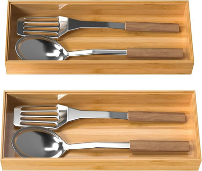 Bamboo Drawer Organizer, Stackable Utensil Organizer for Kitchen, Bamboo Storage Box Wood Silverware Tray for Drawer 15" x 6" x 2" Set of 2