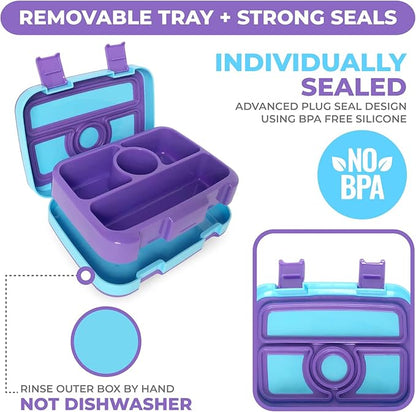 kinsho Bento Lunch Box for Kids Toddlers, 4 Portion Sections Secure Lid, Microwave Safe BPA Free Removable Tray, Pre-School Kid Daycare Lunches Snack Container Ages 3 to 5 Blue Purple