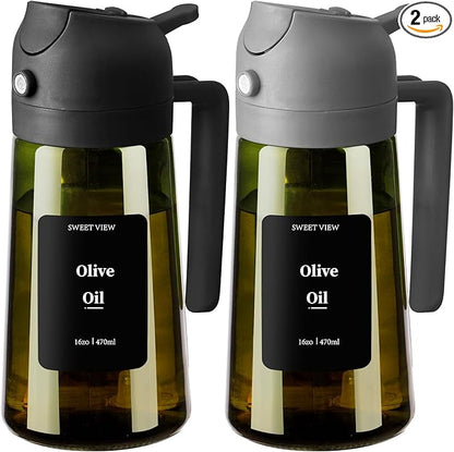 2PCS Olive Oil Dispenser and Oil Sprayer – 16oz/470ml Glass Light-Proof Oil Pourer for Kitchen, Air Fryer, Cooking, Salad, and BBQ