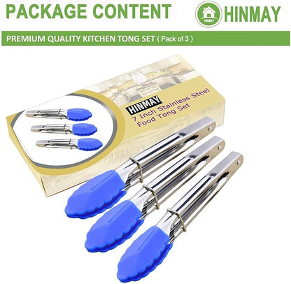 Small Tongs with Silicone Tips 7-Inch Serving Tongs, Set of 3 (Blue)