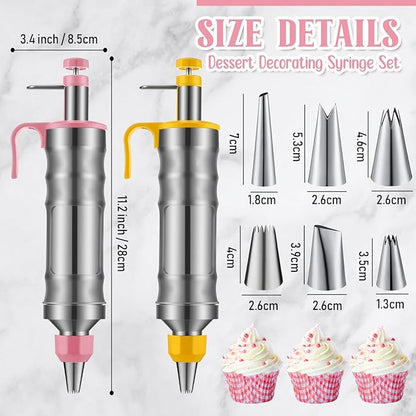 Uiifan 2 Sets Icing Decoration Gun Set Dessert Decorating Decorator Syringe Cake Decorating Tool and 12 Pcs Russian Piping Icing Nozzles Cupcake Filling Injector Cake Tool for Baking(Pink, Yellow)
