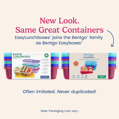 Bentgo Easyboxes - Original Stackable Lunch Boxes - Reusable 3-Compartment Food Containers for Kids and Adults - Bento Lunch Box for Meal Prep, School, & Work - BPA Free, Set of 4 (Jewel Brights)