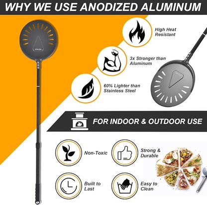 Turning Pizza Peel, 9 Inch with 38 Inch Handle Round Pizza Turning Peel, Professional Anodized Aluminum Turning Pizza Spatula, 47 Inch overall