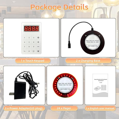 Restaurant Pager System, Buzzers for Restaurants 24 Coaster Pagers with Rubber Protection, Touch Keyboard Transmitter,2 Charging Base, Buzzer System for Food Truck Church Nursery Coffee Shop
