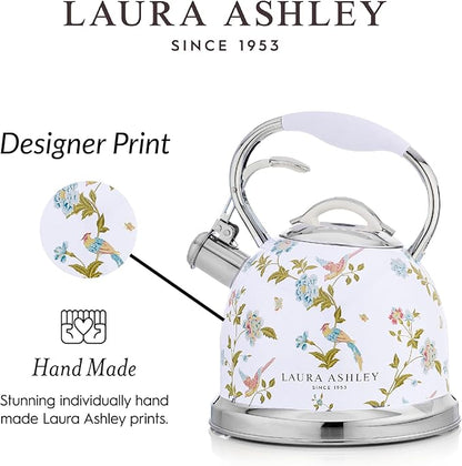 VQ Laura Ashley Elveden White 2.5L Stainless Steel Tea Kettle Stovetop Whistling Teapot for Induction, Gas Hob or others. Silicon Coated Cool Handle & Push Button Mechanism Vintage Stove Top Kettle