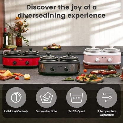 KOOC Double Small Slow Cooker, Buffet Server and Warmer, 2 Mini Pots with 3 Individual Adjustable Temp, Dual Ceramic Pots, Free Liners for Easy Clean-up, Stainless Steel, Total 2.5 Quart, Grey, Round