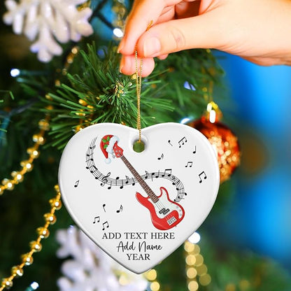Custom Bass Guitar Christmas Ceramic Ornament, Personalized Guitarist Xmas Ornament with Text Name & Year, Bass Guitar Lovers Christmas Tree Ornaments 2025, Musical Instrument Players Gifts