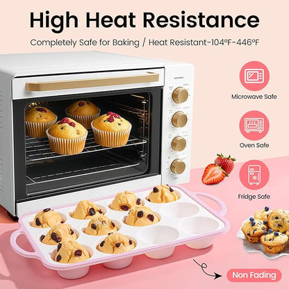 Silicone Muffin Pans for Baking 2 Pack, 2.6 Inch with Metal Reinforced Frame, Regular Size Nonstick Silicone Cupcake Pan for Baking Homemade Muffins, Cupcakes, Dishwasher Safe BPA Free-Pink