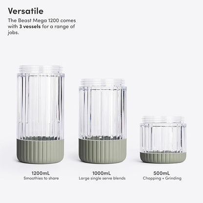 Beast Mega 1200 Plus | Premium Countertop Blender | Smoothies, Shakes, Sauces, Dips, Soups | Blends Ice and Frozen Fruit | XL Vessel | With Extra Vessels, Straw System | 1200W | (Sage, 120V)