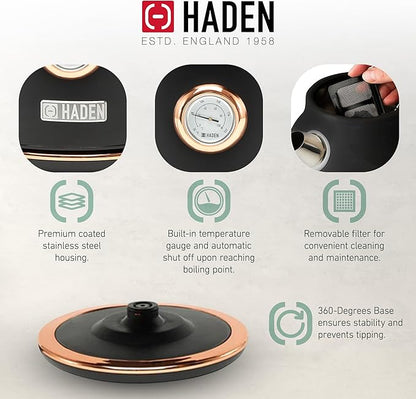 Haden Dorset 1.7 Liter Stainless Steel Electric Kettle, Hot Water Kettle with 360-Degree Base and Auto Shutoff, Black & Copper