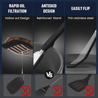 Silicone Fish Spatula Turner Set of 2,2-in-1 Heat Resistant Silicone Slotted Fish Spatulas for Nonstick Cookware,Flexible Thin Stainless Steel Slotted Fish Turner Spatula Flipper for Fish,Egg,Pancake