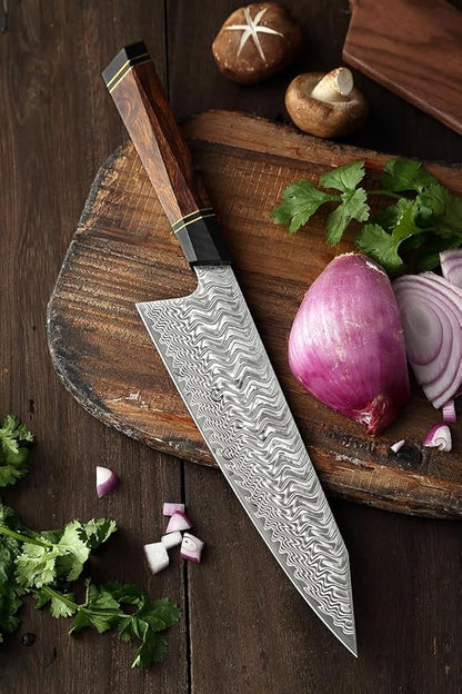 XINZUO 8.5 Inch Japanese Kiritskue Chef Knife, Professional Chef Knife,Damascus Kitchen Knife for Chefs and Home Cooking, Desert Ironwood Handle, Walnut Magnetic Wooden Sheath, Acacia Wood Box Package