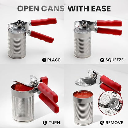Zulay Kitchen Heavy Duty Stainless Steel Can Opener Manual with Bottle Opener - Rust Proof Manual Can Opener With Turn Knob & Comfy Soft Grip Handles - Cherry Red