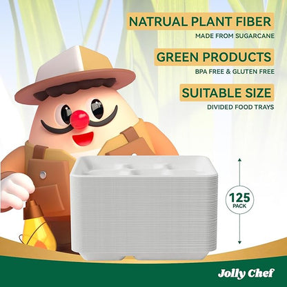 JOLLY CHEF Compostable 𝟱 Compartment Paper Plates 10*8.25*1 𝗶𝗻𝗰𝗵 [𝟭𝟮𝟱 𝗣𝗮𝗰𝗸] Small Heavy Duty Divided Disposable White Eco-Friendly Biodegradable Food Tray for School Lunch Thanksgiving Day