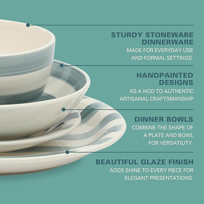Gibson Home Kenwood Shores 16 Piece Dinnerware Set, Blue Striped, Hand-Painted Stoneware Dishes, Plates and Bowls, Service for 4, Microwave & Dishwasher Safe