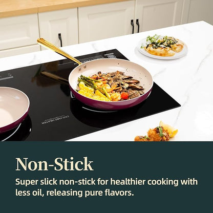 ROYDX Titanium Ceramic Nonstick Fry Pan Set 8", 10" and 12" Frying Pan Skillet Set with Glass Lids-Non Toxic, PTFE & PFOA Free - Oven Dishwasher Safe & Compatible with All Stovetops-Dark Purple