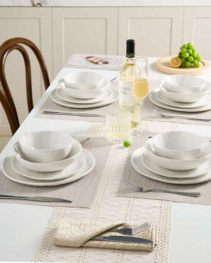 Famiware Porcelain kitchen plates and bowls set, Modern dishes set for 4, Handmade Wave Edge Dinnerware Sets, Microwave and Dishwasher Safe Tableware, Polar White (16pc)