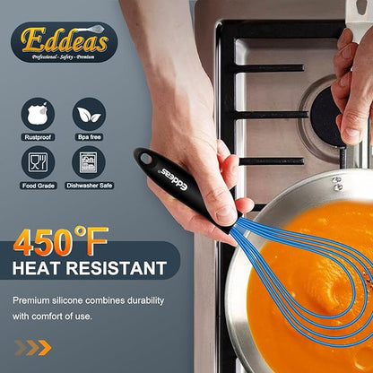 Silicone Whisk, Non Scratch Whisk for Cooking, 5+7+9+11in Balloon Whisks, Suitable for Mixing, Blending. 11in Flat Whisks great for Ceramic Coated pans and Wider shallower pots. (Blue)