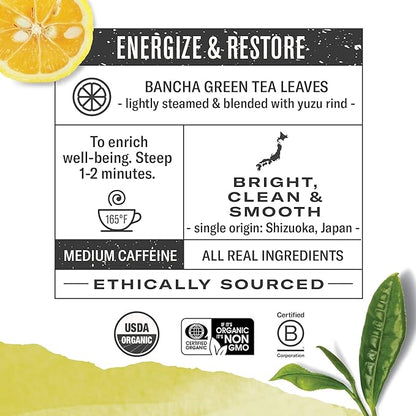 Numi Organic Yuzu Bancha Japanese Green Tea, 48 Green Tea Bags, Micro-Plastic Free