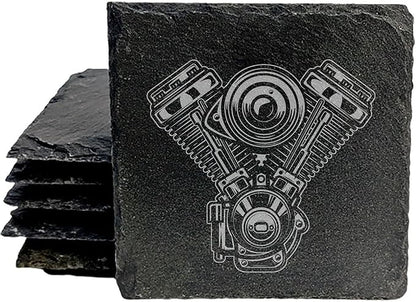 Rev Up Your Ride: V-Twin Engine Coasters for Bikers - Square Slate - Set of 8