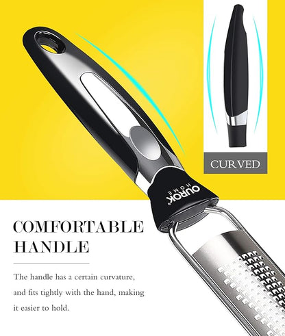 Ourokhome Kitchen Lemon Zester, Stainless Steel Hand Held Parmesan Cheese Grater for Ginger, Chocolate, Coconut, Lime, Nutmeg, Citrus, Fruit, Vegetable with Cleaning Brush, Dishwasher safe, Black