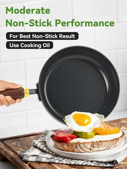 Enameled Carbon Steel Skillet, 9.5-Inch Nonstick Frying Pan, Stay-Cool Wooden Handle, Non Toxic, PTFE & PFOA Free Oven-Safe, Season-Free Carbon Steel Pan