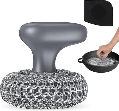 Cast Iron Scrubber | Dish Scrub Brush | 316 Cleaner Chainmail Scrubber for Cast Iron Pan Skillet Cleaner - Dish Scouring Pad Dishwasher Safe Cleaning Kit, Grey 02