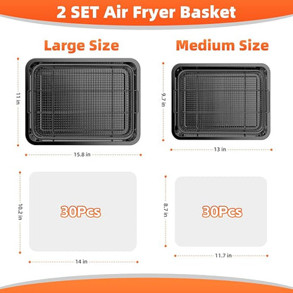 Air Fryer Basket, 2 Set Oven Air Fryer Basket and Tray with 60 PCS Parchment Papers, DEGOVIN Crisper Tray Non-stick Stainless Steel Air Fry Pans for Convection Oven(15.8" × 11" & 13" × 9.7"-Black)