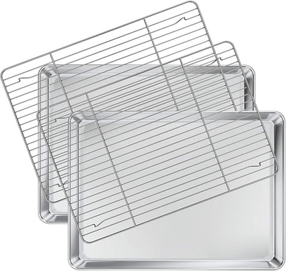 Deedro Baking Sheet with Rack Set [2 Sheets + 2 Racks], Stainless Steel Cookie Half Sheets Baking Pan Oven Tray with Cooling Rack, 17.32 x 12.28 x 1 Inch, Heavy Duty, Non-toxic, Easy Clean