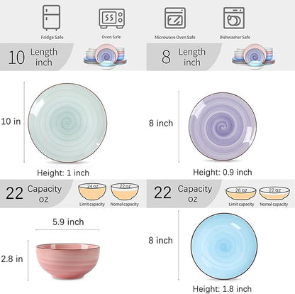 Selamica Ceramic Plates and Bowls Set, 24 Pieces Dinnerware Sets for 6, Scratch Resistant Dishes Set, Handpainted Swirl with Spot Dishwasher & Microwave Safe, Gradient Color