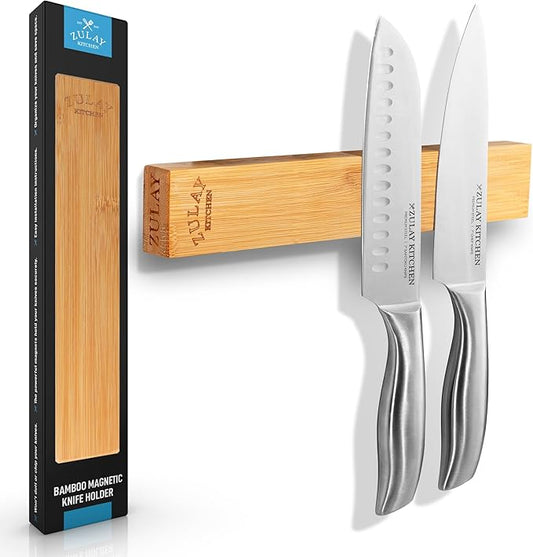 Zulay 11.75" Seamless Bamboo Wood Magnetic Knife Holder - Wooden Magnetic Knife Strip for Organizing your Kitchen - Elegant & Multifunctional Magnet Holder for Wall with Easy Installation