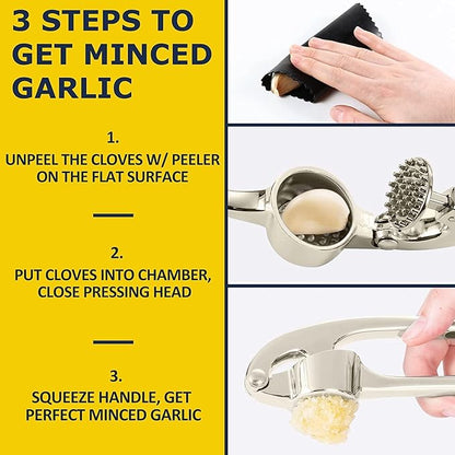 Premium Garlic Press Stainless Steel - Elevate Your Culinary Experience with Our Premium Garlic Mincer, Crusher & Peeler Set, Dishwasher Safe & Rust-proof (Imperial Silver)