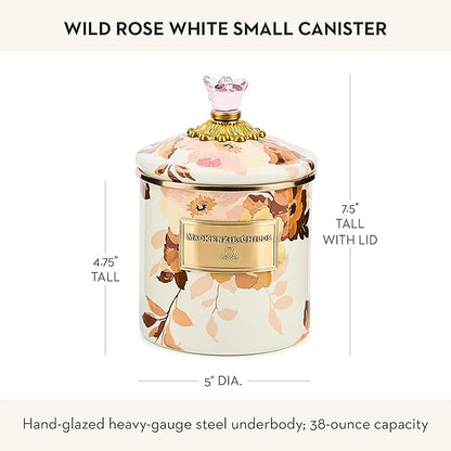 MACKENZIE-CHILDS Enamel Canister, Kitchen Storage Container with Lid, Small, Wild Rose White