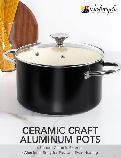 MICHELANGELO Ceramic Stock Pot with Lid, 6 Quart Pot with Nonstick Coating, Induction Cooking Pot for Induction and All Stovetops - 6QT, Black