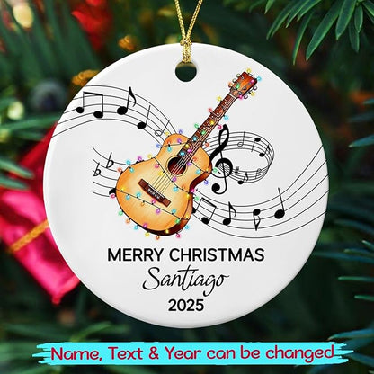 Custom Text Year Name Guitar Player Ceramic Christmas Ornament, Unique Guitar Instrument Ornament Gift for Guitarist Grandparent Dad Mom Brother Sister, Personalized Guitar Musical Ceramic Ornaments