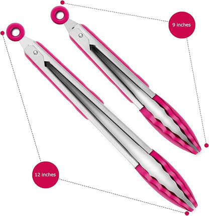 Premium Stainless Steel Food Tongs, 9-Inch & 12-Inch Wine Red Silicone BPA Free Non-Stick BBQ Cooking Grilling Locking Kitchen Tong