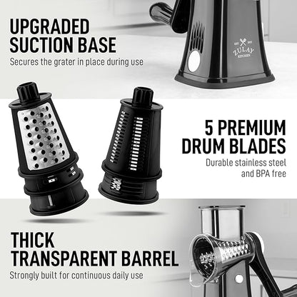 Zulay Kitchen Rotary Cheese Grater 5 Blade Cheese Shredder - Manual Hand Crank Cheese Grater With Reinforced Suction & 5 Interchangeable Drums - Easy to Use, Vegetable Chopper Round Mandoline Slicer