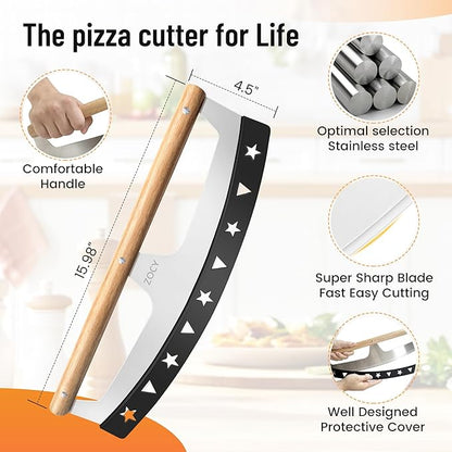 Pizza Cutter Rocker with Wooden Handles & Protective Cover by Zocy, 16" Sharp Stainless Steel Pizza Slicer Wheel, Big Pizza Knife Cutters for Kitchen Tool (16inch)