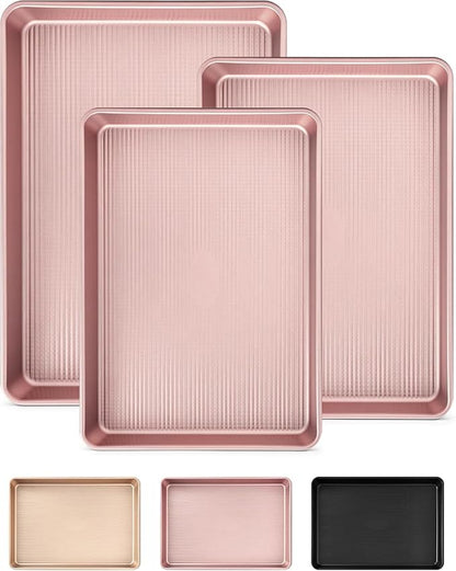 SAKER 3 Pack Nonstick Baking Sheet Set, Carbon Steel Cookie Pan with Cooling Rack, Even Heat Distribution & Warp-Resistant for Oven Baking, Roasting & Cooking (Pink)