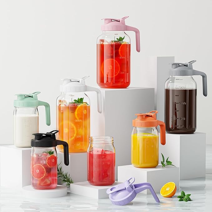 Breast Milk Pitcher Jug - 32 oz Glass Mason Jar Airtight Pitcher with Pour Spout Handle for Breastmilk, Iced Tea, Ice Drinks Storage Container（Black）