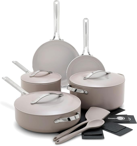 GreenPan Nova 10-Piece Cookware Pots & Pans Set, Oprah’s Favorite Things 2024, PFAS-Free Ceramic Nonstick, Fry, Sauté, Stockpot, Utensils, Lids, Induction Suitable, Dishwasher & Oven Safe, Clay