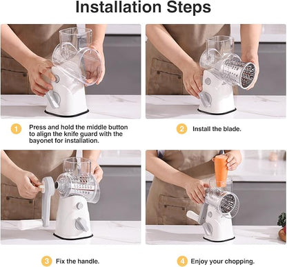 Rotary Cheese Grater Hand Crank, Kitchen Mandolin Vegetable Cheese Shredder with 3 Interchangeable Blades,Easy Clean Rotary Grater with Handle,Kitchen Grater Grinder for Cutting Cheese,Vegetable Nuts