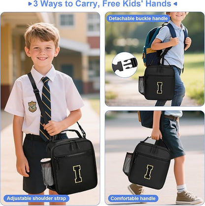 Initial Insulated Lunch Bag for Boys Kids, Back to School Gift, Reusable Leak-proof Lunch Box with Adjustable Strap for School Daycare Travel Picnic（Black，I）