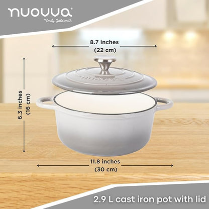 Cast Iron Dutch Oven with Lid – Non-Stick Ovenproof Enamelled Casserole Pot – Sturdy Dutch Oven Cookware – Grey, 3.1-Quart, 22cm – by Nuovva