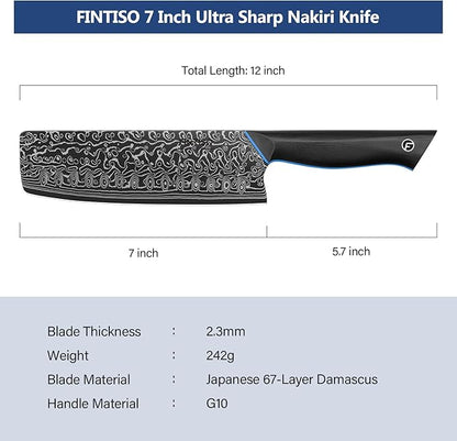 7 inch Nakiri Knife, Sharp Kitchen Knife Professional Asian Chef Knife in 67-Layer Japanese Damascus Steel, Multipurpose Meat Cleaver Vegetable Knife with G10 Handle