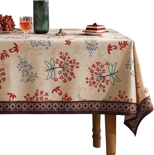 patdrea Designer French Linen Long Tablecloth for Rectangle Table,Vintage Red Floral Tablecloths,Dacorative Cover for Kitchen Dining,Tea Party,Christmas,Thanksgiving,Holiday,63"x87"-Newmari