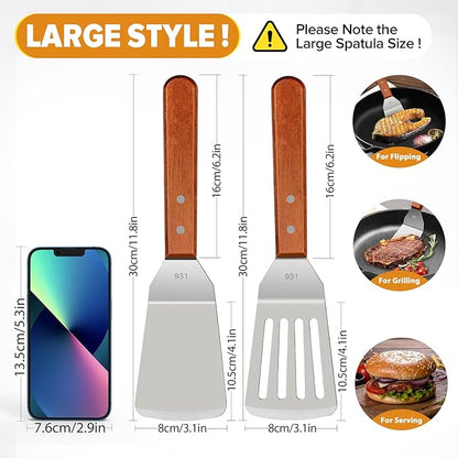Metal Spatula Set for Kitchen Use,2Pcs Large Stainless Steel Spatulas for Cast Iron Skillet,Wood Handle Wok Flat Top Grill Griddle Spatula Turner Flipper Utensil Set for Burgers Pancake Egg Fish BBQ