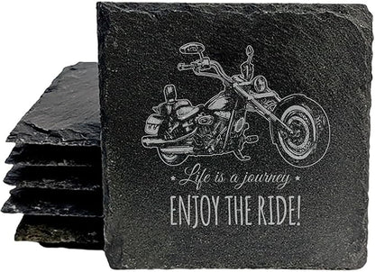 Coast in Style: Rustic Slate Coasters with Motorcycle Design - Square Slate - Set of 4
