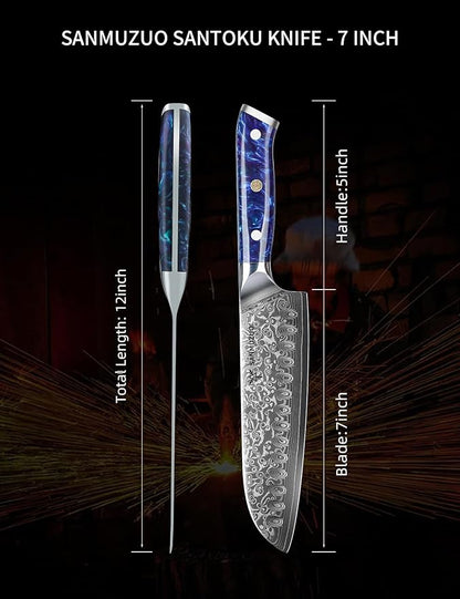 Santoku Knife - 7 inch - Xuan Series - VG10 Damascus Steel Kitchen Knife - Resin Handle (Sapphire Blue)